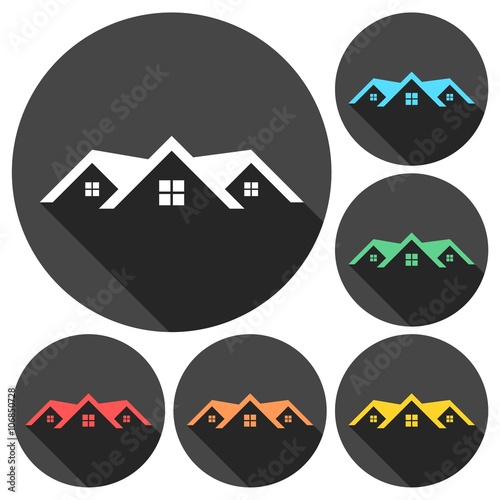 Home roof icons set with long shadow