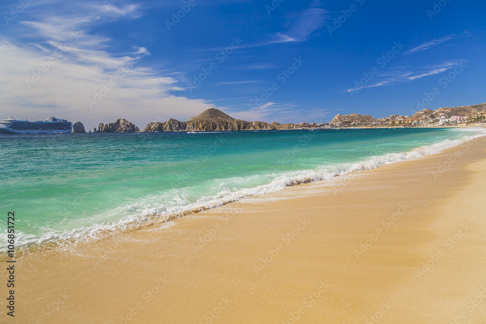View of Waves at Sandy Beach of Cabo San Lucas in Mexico
