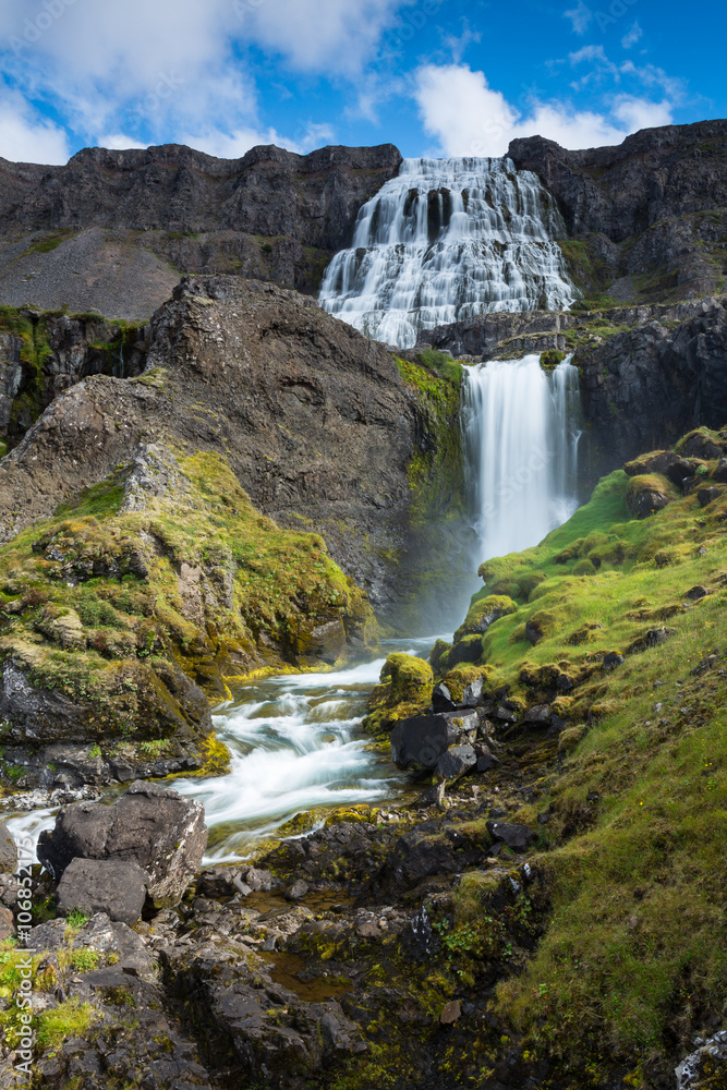 Scenery of mountains with Dynjandi, (Fjallfoss), waterfall, Iceland