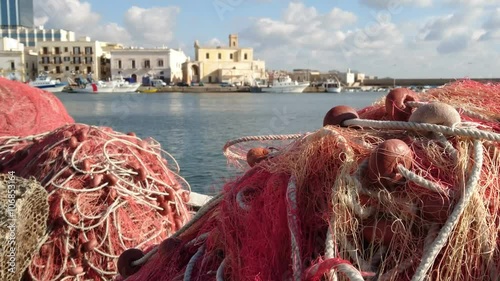 Fishing nets on the docks in the old port of Gallipoli, Italy
