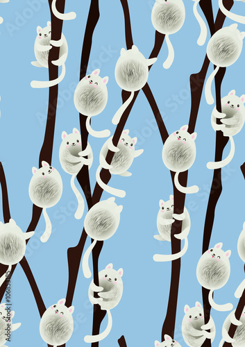 Śmieszne kawaii koty wierzby siedzącej na gałęziach. Bezszwowe tło wiosna. Wielkanocna ilustracja