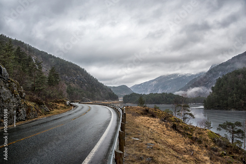 Scenic road trough mountain and fjords in Norway