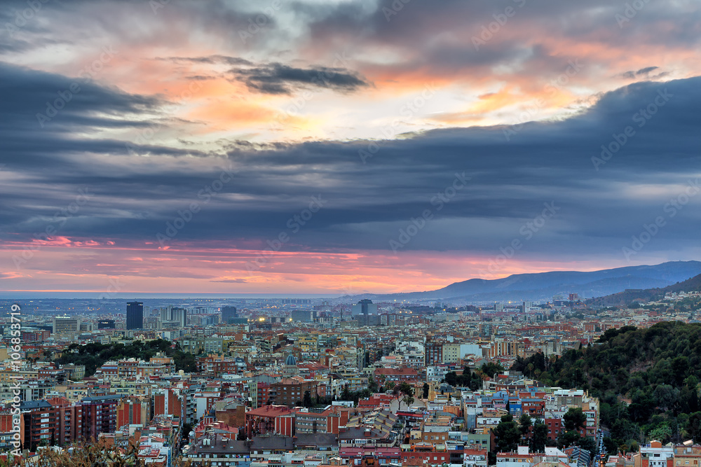 Panoramic view of Barcelona city from the mountain, Spain.