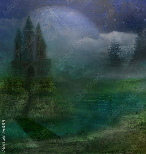 abstract landscape with old castle and moon