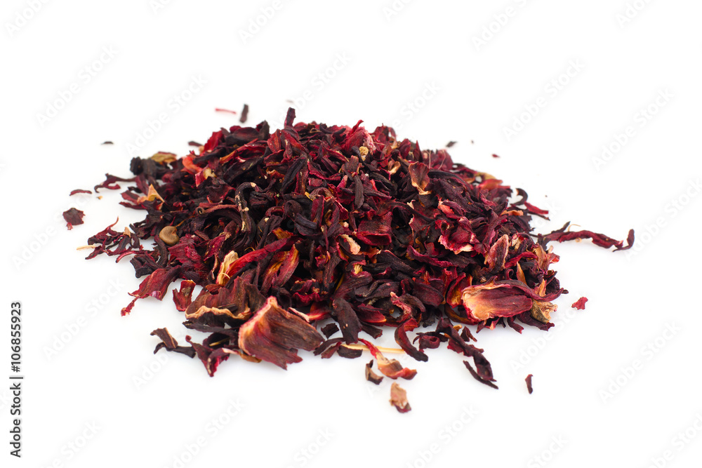 Naklejka premium Dry Loose Tea Hibiscus Isolated on White Background