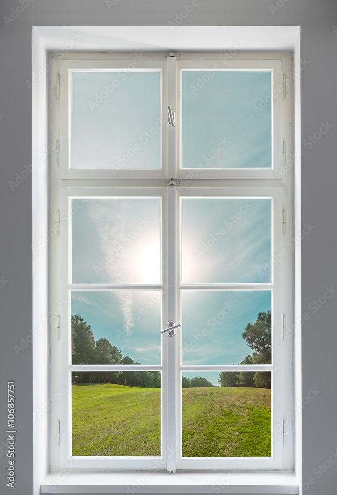 Classic white window and the forest view Classic white window and the forest view