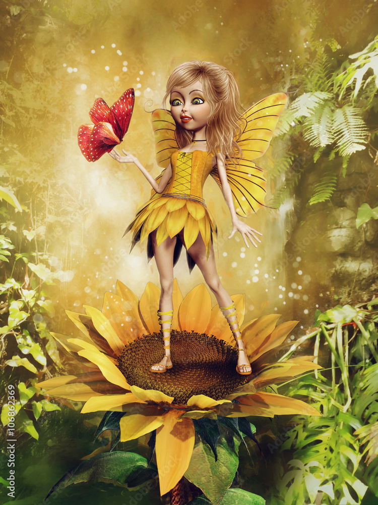 Obraz premium Baśniowa wróżka w żółtej sukience stojąca na słoneczniku