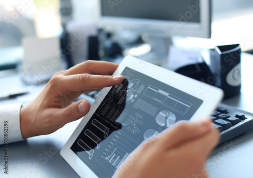 businessman working with digital tablet computer on wooden desk as concept