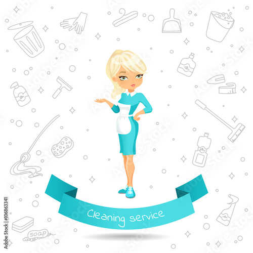 Banner with a cute cartoon  girl in dress and apron on the background of Doodle products for cleaning. Banner with the inscription on the ribbon Cleaning service. Vector illustration isolated on white