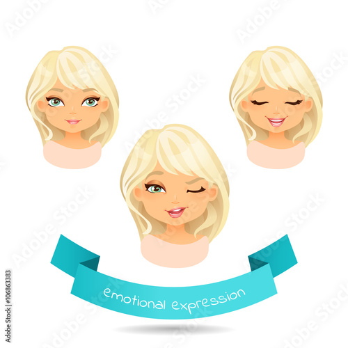 Cute blue eyed blonde with various facial expressions. Set of different emotion: smile, laugh, surprise. Cartoon girl  with different expressions of emotion. Vector illustration isolate on white.