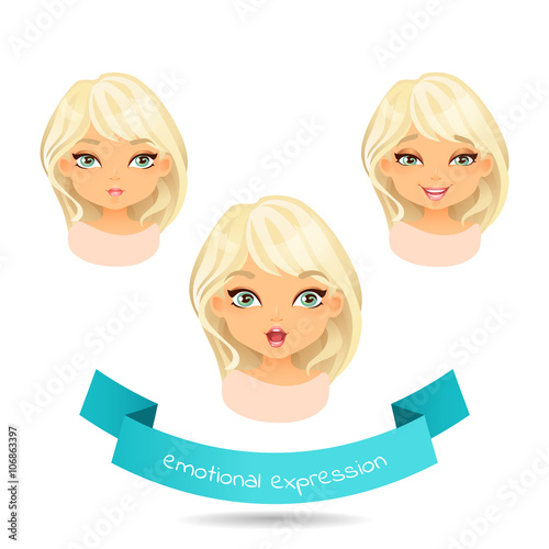 Cute blue eyed blonde with various facial expressions. Set of different emotion: smile, joy, surprise. Cartoon girl  with different expressions of emotion. Vector illustration isolate on white.