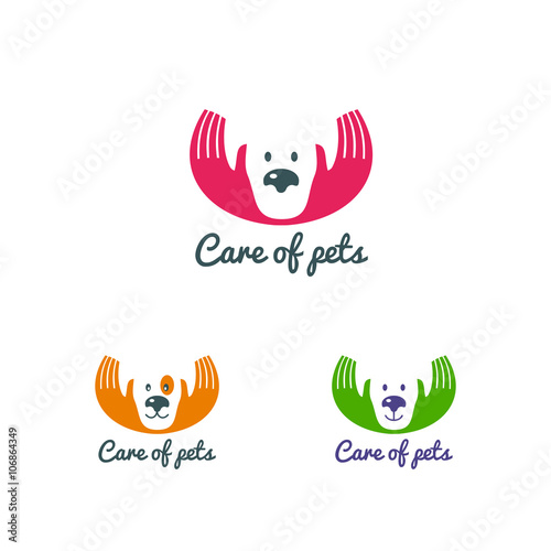 Silhouette of human hands hugging a dog muzzle. Vector logo.