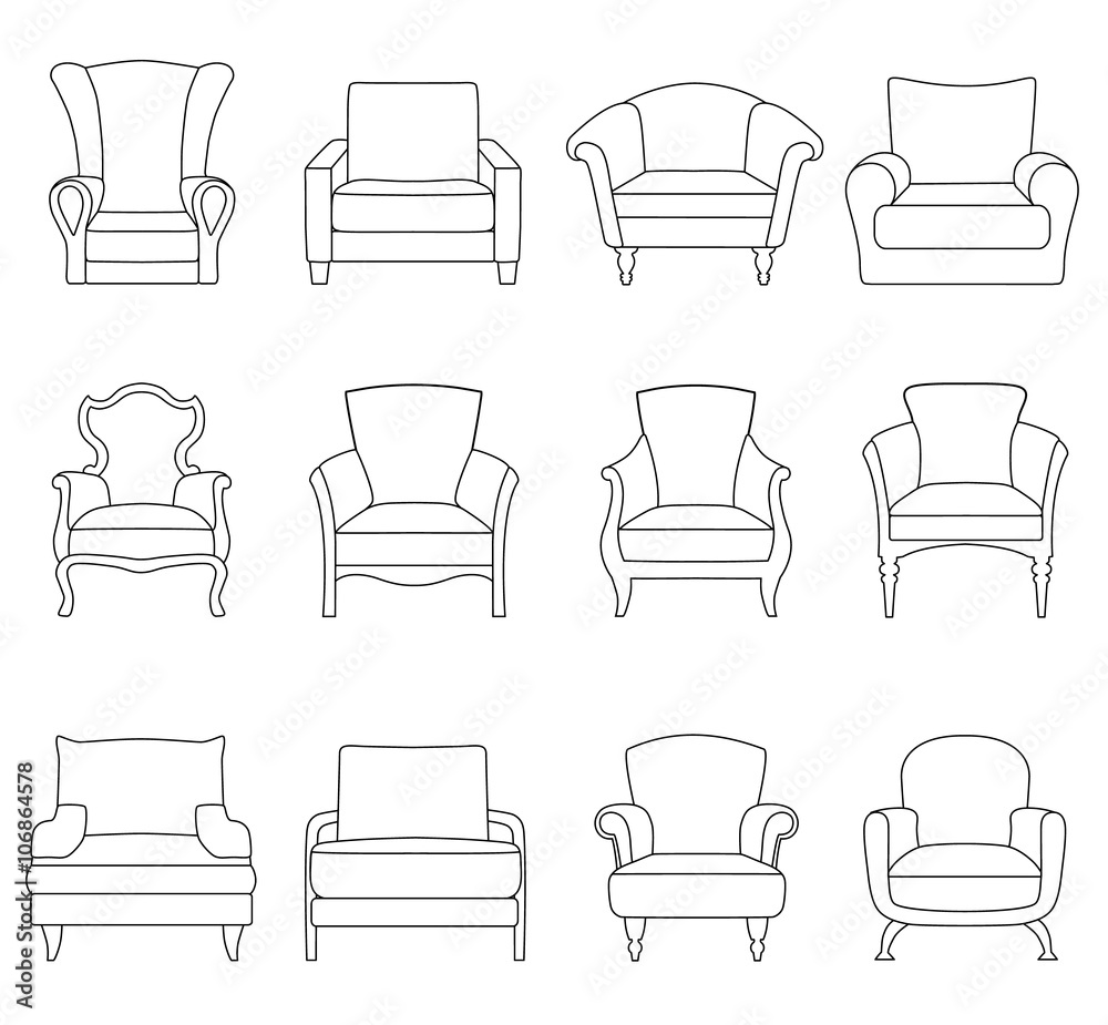 A set of outline chair isolated on white background. Armchair icon design. Vector illustration. A set of outline chair isolated on white background. Armchair icon design. Vector illustration.