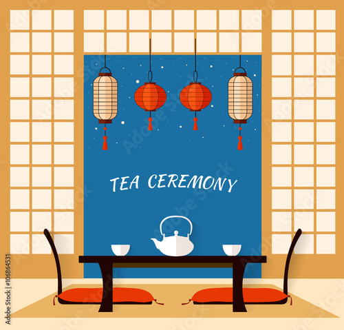 Japanese Interior.living room in a flat style. Vector illustration. Traditional Oriental Room for the tea ceremony.
