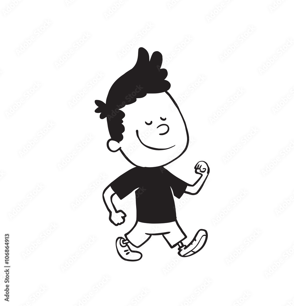 Vector cartoon image of a cute little boy in shorts and t-shirt walking and  smiling on a white background. Made in a monochrome style. Positive  character. Vector illustration. Stock Vector | Adobe