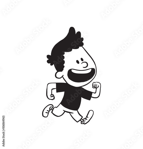 Vector cartoon image of a cute little boy in shorts and t-shirt running and laughing on a white background. Made in a monochrome style. Positive character. Vector illustration.