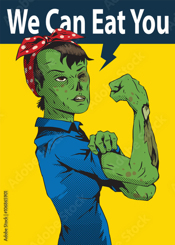 Vector image of Halloween poster with a cartoon image of a green zombie woman in a blue shirt and red kerchief on her head on a yellow background. The slogan "We can eat you". Vector illustration.
