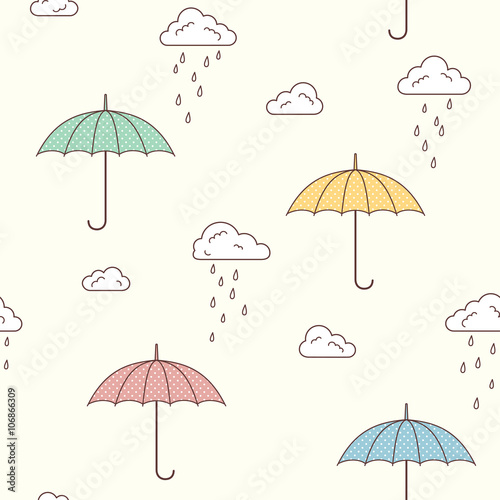 Seamless pattern with cute umbrellas, clouds and rain drops