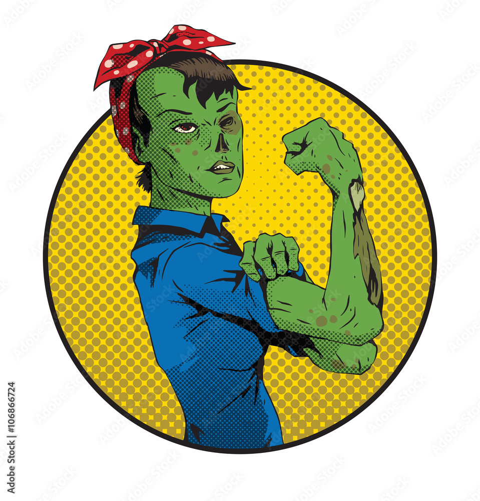 Obraz premium Vector image of Halloween round yellow frame with cartoon image of a green zombie woman in a blue shirt and red kerchief on her head on a white background. Halloween. Vector illustration.