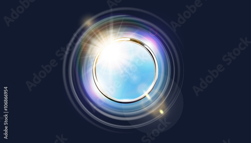 Wallpaper Mural Futuristic abstract metal ring background. Chrome shine round frame with light circle and sun lens flare light effect. Vector glowing stainless steel gap to blue sky. Space for your message Torontodigital.ca