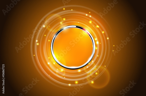 Modern abstract metal ring sparkling background. Chrome round frame with light circle, flare and spark light effect. Vector orange glowing stainless steel logo place concept