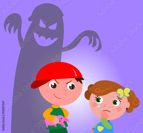 Little girl frightened by a bad bully guy vector photo