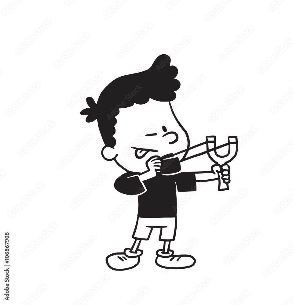 Vector cartoon image of a cute little boy in shorts and t-shirt standing and sighting to shoot from a slingshot on white background. Made in a monochrome style. Positive character. Vector illustration