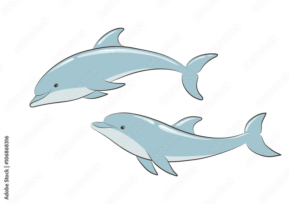 A pair of blue dolphins. Vector contour. A pair of blue dolphins. Vector contour.