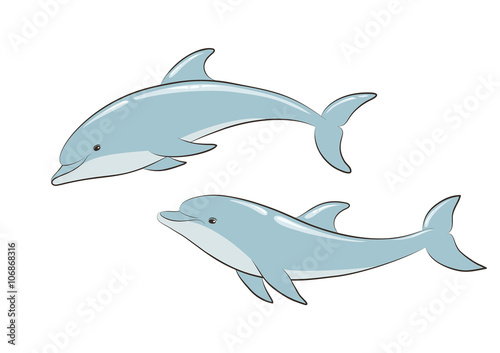 A pair of blue dolphins. Vector contour.