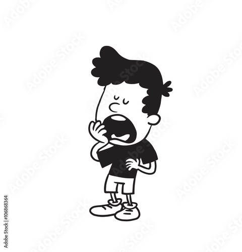 Vector cartoon image of a cute little boy in shorts and t-shirt standing, bored and yawning on a white background. Made in a monochrome style. Positive character. Vector illustration.