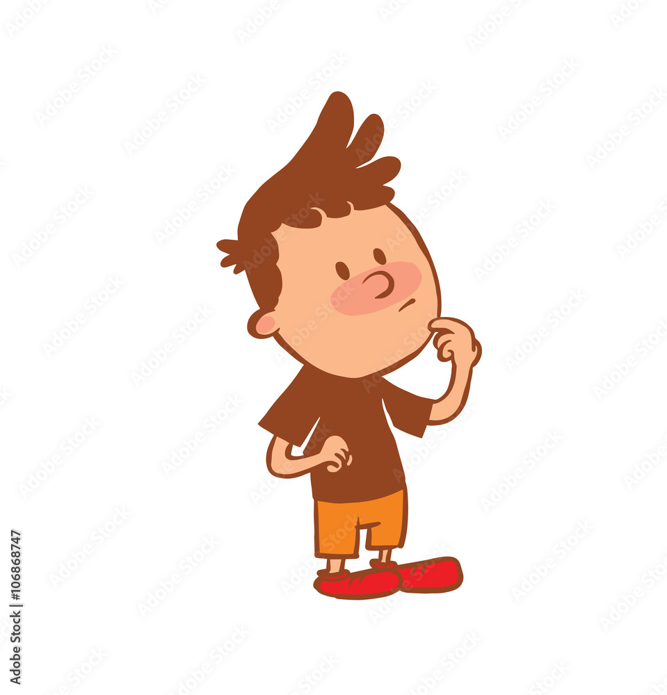 Vector cartoon image of a cute little boy in orange shorts and brown  t-shirt standing thoughtful on a white background. Color image with a brown  tracings. Positive character. Vector illustration. Stock Vector |