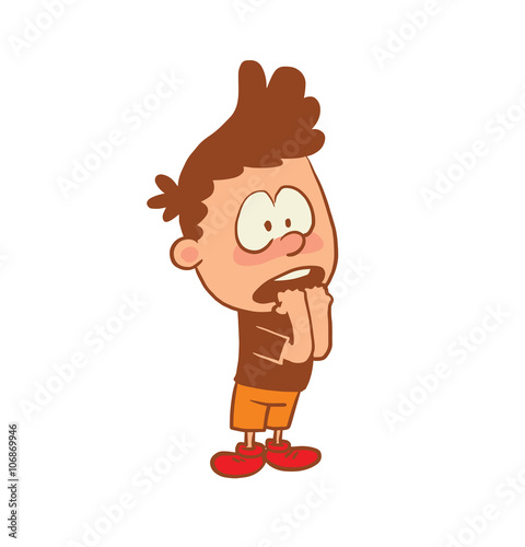 Vector cartoon image of a cute little boy in orange shorts  t-shirt with frightened expression on face on a white background. Color image with a brown tracings. Positive character. Vector illustration