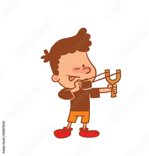 Vector cartoon image of a cute little boy in orange shorts and t-shirt sighting to shoot from a slingshot on white background. Color image with brown tracings. Positive character. Vector illustration.