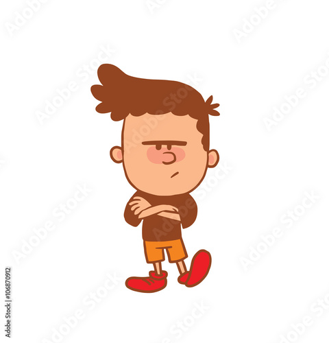 Vector cartoon image of a cute little boy in orange shorts and brown t-shirt standing with arms crossed on white background. Color image with a brown tracings. Positive character. Vector illustration.