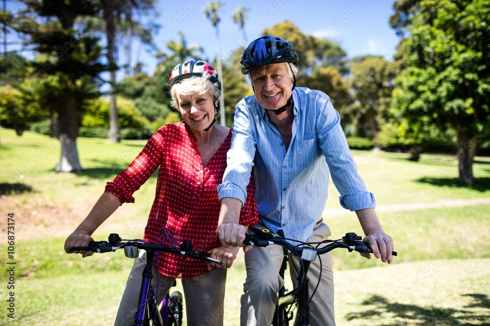 Fototapeta premium Happy couple riding a bicycle in park