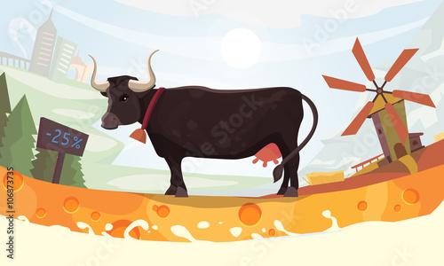 vector design with cow, milk river and landscape