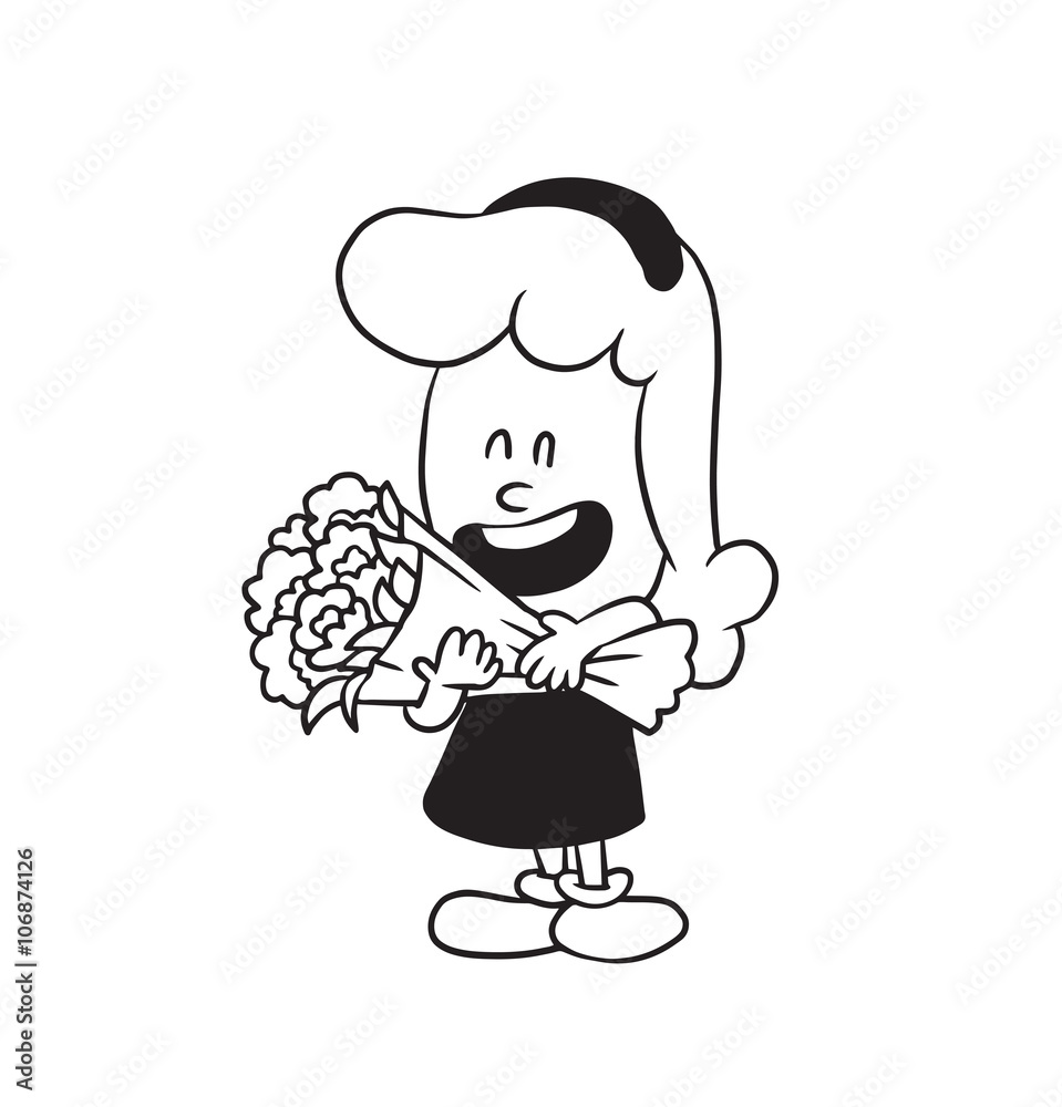 Vector cartoon image of a cute little girl with wavy hair in dress standing with a bouquet of flowers in her hands on a white background. Made in a monochrome style. Positive cartoon cute little girl. Vector cartoon image of a cute little girl with wavy hair in dress standing with a bouquet of flowers in her hands on a white background. Made in a monochrome style. Positive cartoon cute little girl.