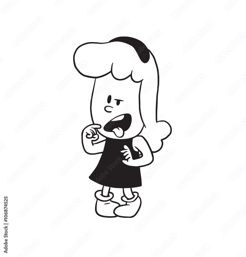 Vector cartoon image of a cute little girl with wavy hair in a dress standing and showing disgust on a white background. Made in a monochrome style. Positive character. Vector illustration. Vector cartoon image of a cute little girl with wavy hair in a dress standing and showing disgust on a white background. Made in a monochrome style. Positive character. Vector illustration.