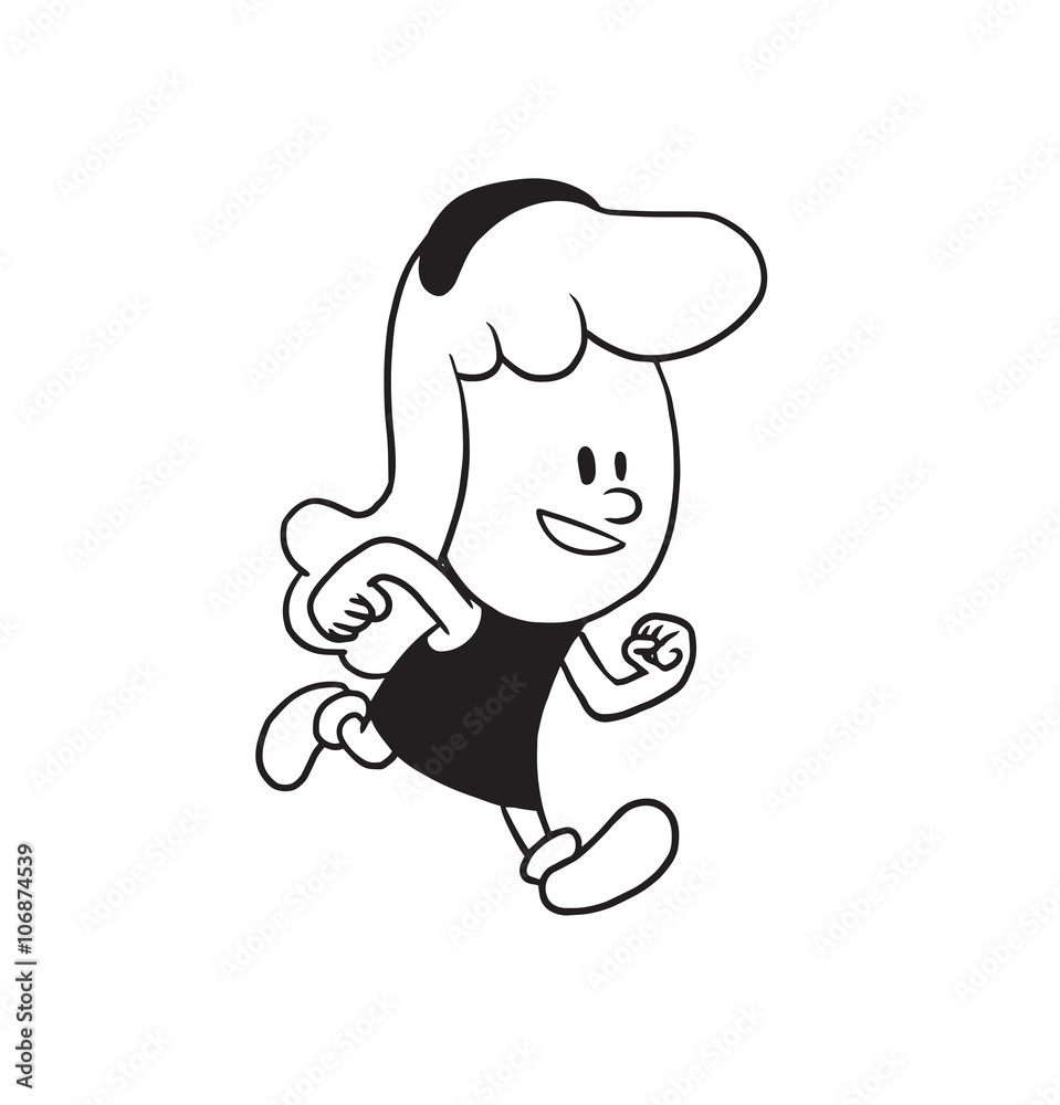 Vector cartoon image of a cute little girl with wavy hair in a dress running somewhere and smiling on a white background. Made in a monochrome style. Positive character. Vector illustration. Vector cartoon image of a cute little girl with wavy hair in a dress running somewhere and smiling on a white background. Made in a monochrome style. Positive character. Vector illustration.