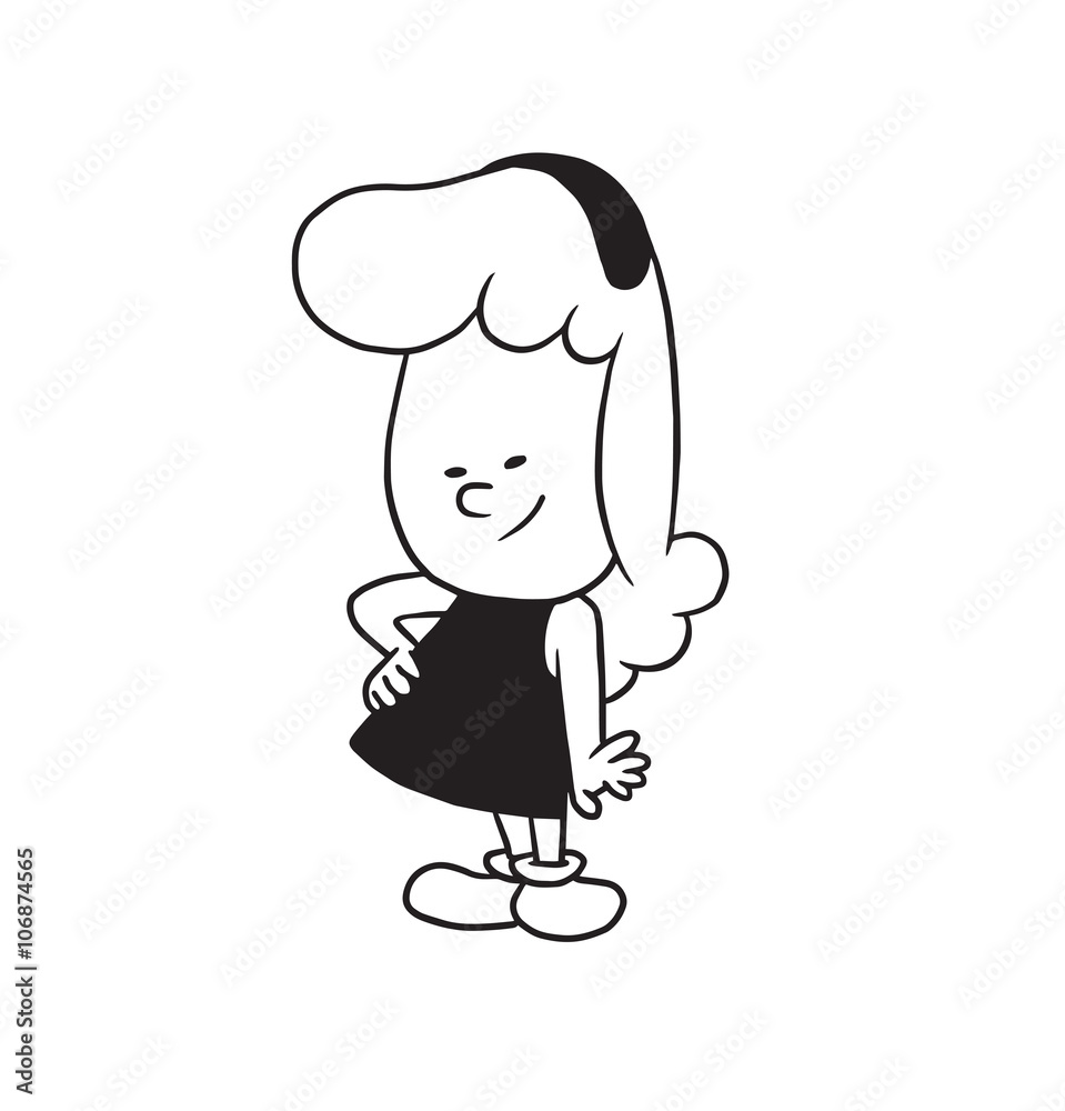 Vector cartoon image of a cute little girl with wavy hair in dress standing and holding one hand on the waist on a white background. Made in a monochrome style. Positive character. Vector illustration Vector cartoon image of a cute little girl with wavy hair in dress standing and holding one hand on the waist on a white background. Made in a monochrome style. Positive character. Vector illustration