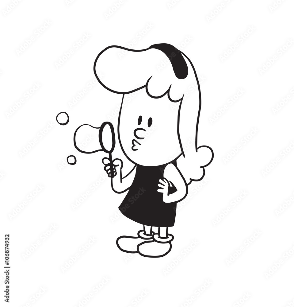 Vector cartoon image of a cute little girl. Little girl with wavy hair. Little girl is blowing bubbles on a white background. Cartoon little girl in a monochrome style. Vector illustration of girl. Vector cartoon image of a cute little girl. Little girl with wavy hair. Little girl is blowing bubbles on a white background. Cartoon little girl in a monochrome style. Vector illustration of girl.