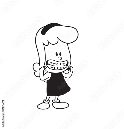 Vector cartoon image of a cute little girl. Little girl with wavy hair. Little girl with braces on teeth on a white background. Cartoon little girl in a monochrome style. Vector illustration of girl.