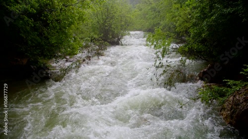 Rapid River Flow Rushing Down In Green Forest