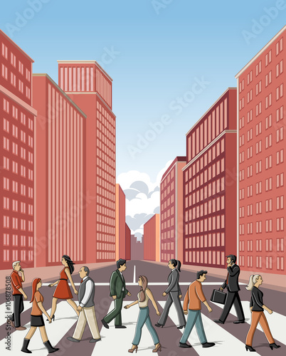 Group of cartoon people walking on the street
