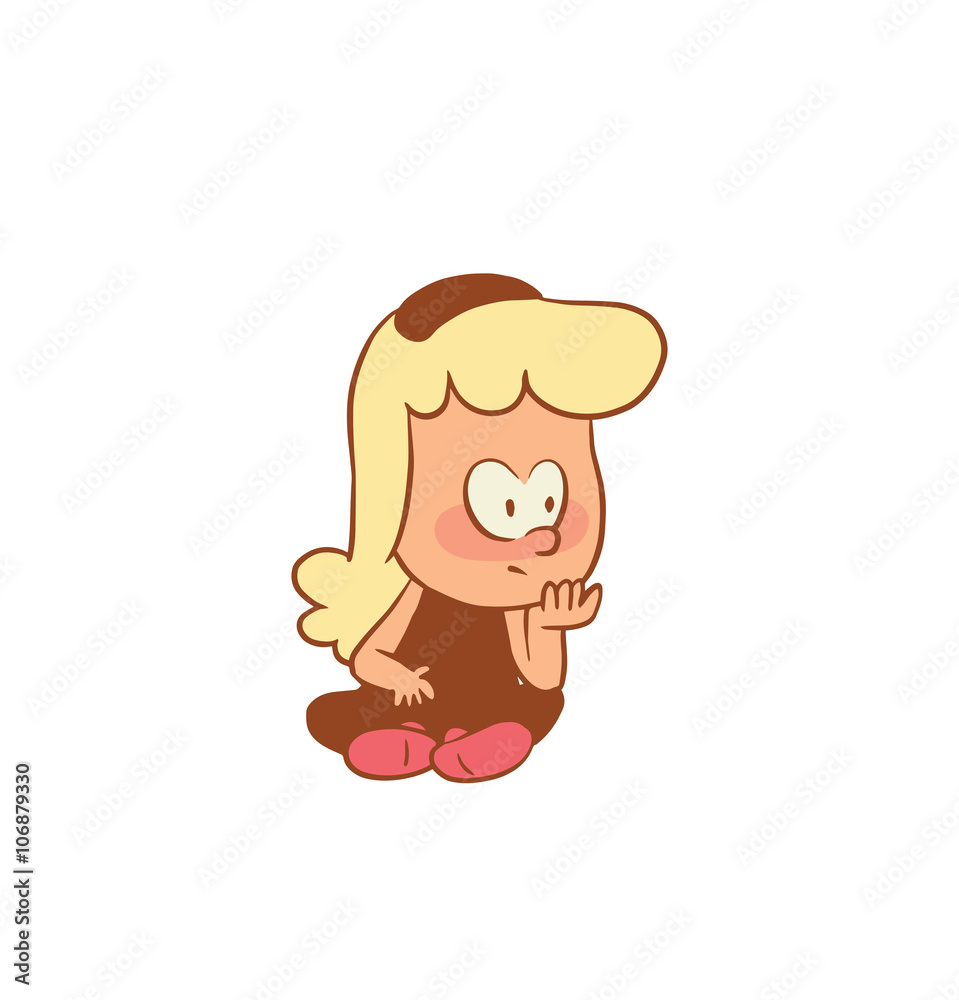 Vector color cartoon image of a cute little girl. Little girl with blonde hair. Little girl is sitting pensively on a white background. Color image with brown tracings. Vector cartoon little girl.