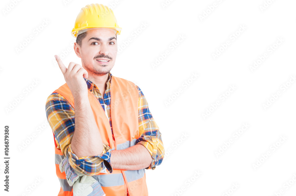 Joyful young engineer pointing finger a great idea Joyful young engineer pointing finger a great idea