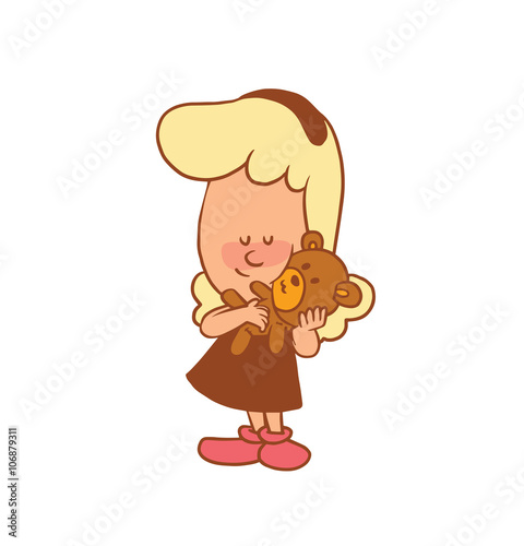 Vector color cartoon image of a cute little girl. Little girl with blonde hair. Little girl with a teddy bear in her hands on a white background. Color image with brown tracings. Vector little girl.