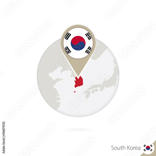 South Korea map and flag in circle. Map of South Korea.