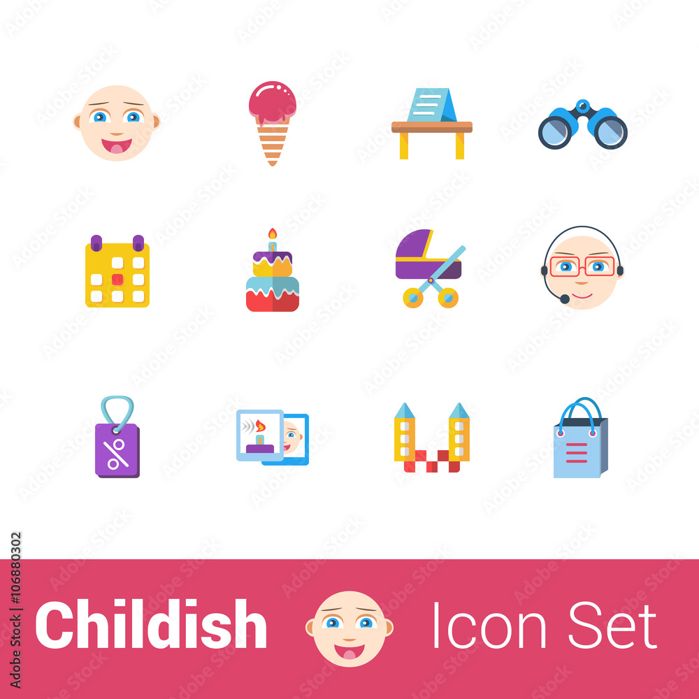 Childish flat color icon set of 12 icons.