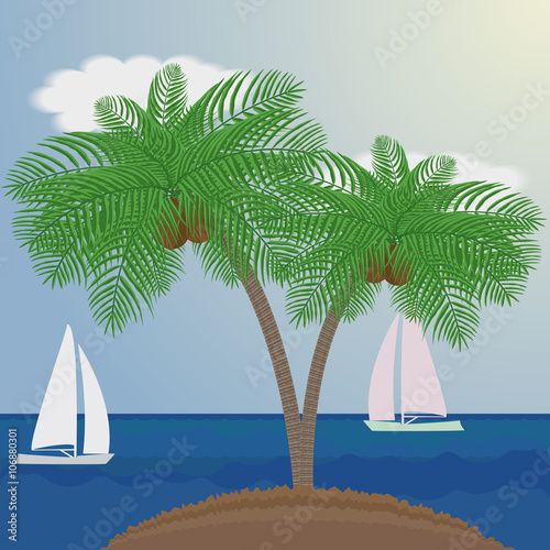 Palm trees on sea background with sailboats. Can be used to advertising  decoration of cards  phones  baby food  toys  websites   furniture  bags  home decoration  linens etc.